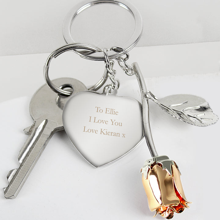 Buy Personalised Silver Plated Rose Gold Rose Keyring at www.giftsfinder.co.uk