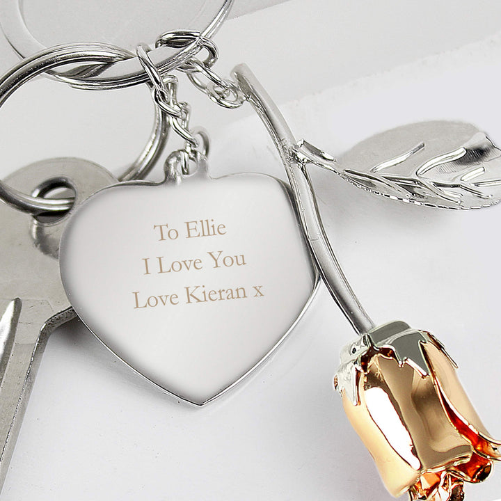 Buy Personalised Silver Plated Rose Gold Rose Keyring at www.giftsfinder.co.uk