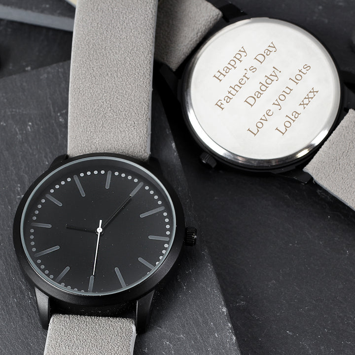 Buy Personalised Mens Matte Black Watch with Grey Strap and Presentation Box at www.giftsfinder.co.uk