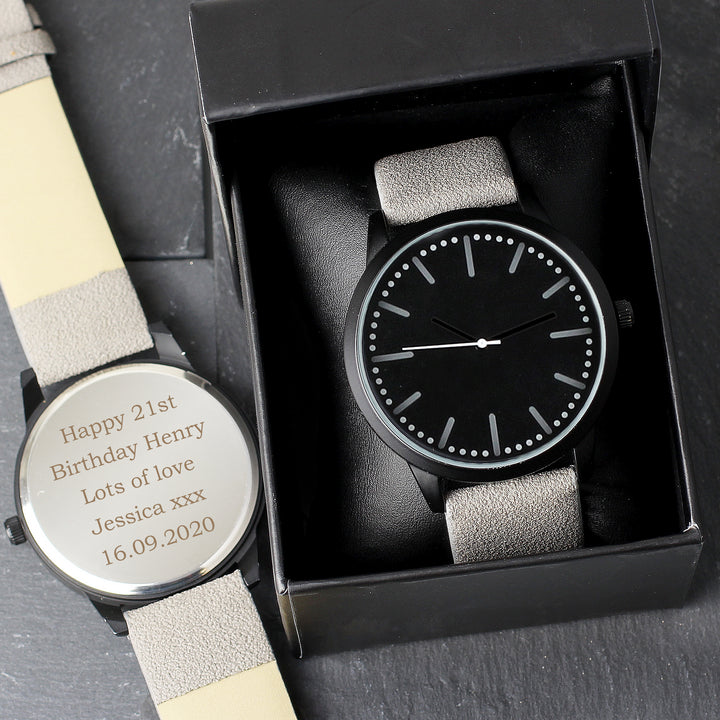 Buy Personalised Mens Matte Black Watch with Grey Strap and Presentation Box at www.giftsfinder.co.uk