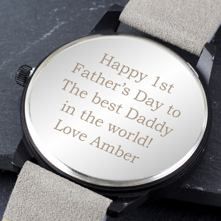 Buy Personalised Mens Matte Black Watch with Grey Strap and Presentation Box at www.giftsfinder.co.uk