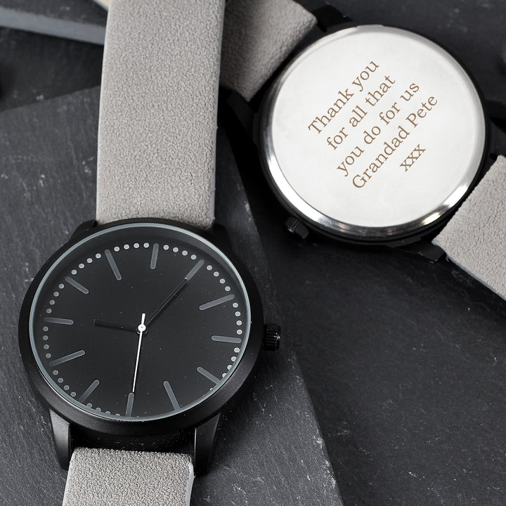 Buy Personalised Mens Matte Black Watch with Grey Strap and Presentation Box at www.giftsfinder.co.uk