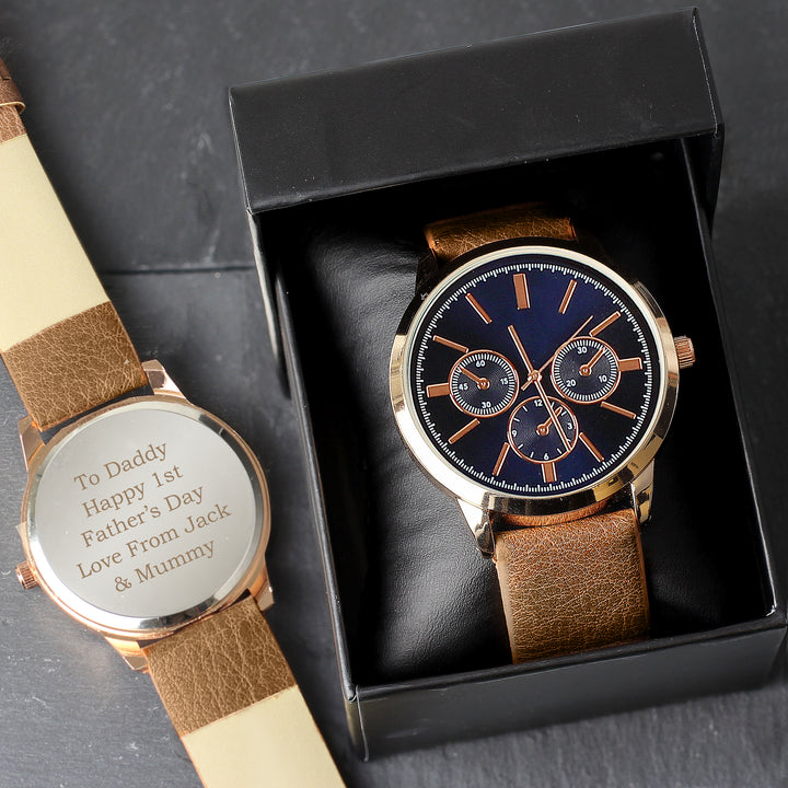 Buy Personalised Mens Rose Gold Tone Watch with Brown Strap and Presentation Box at www.giftsfinder.co.uk