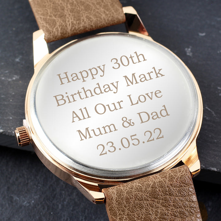 Buy Personalised Mens Rose Gold Tone Watch with Brown Strap and Presentation Box at www.giftsfinder.co.uk