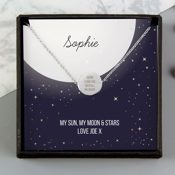 Buy Personalised Sentiment Moon & Stars Sterling Silver Necklace and Box at www.giftsfinder.co.uk