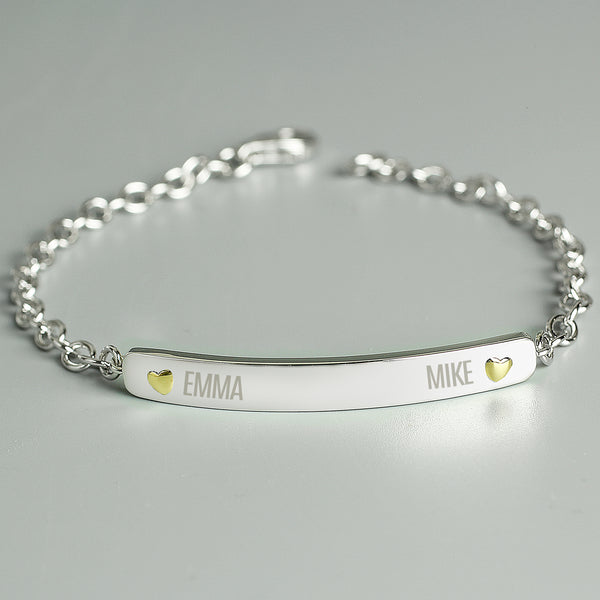 Buy Personalised Two Names Sterling Silver and 9ct Gold Bar Bracelet at www.giftsfinder.co.uk