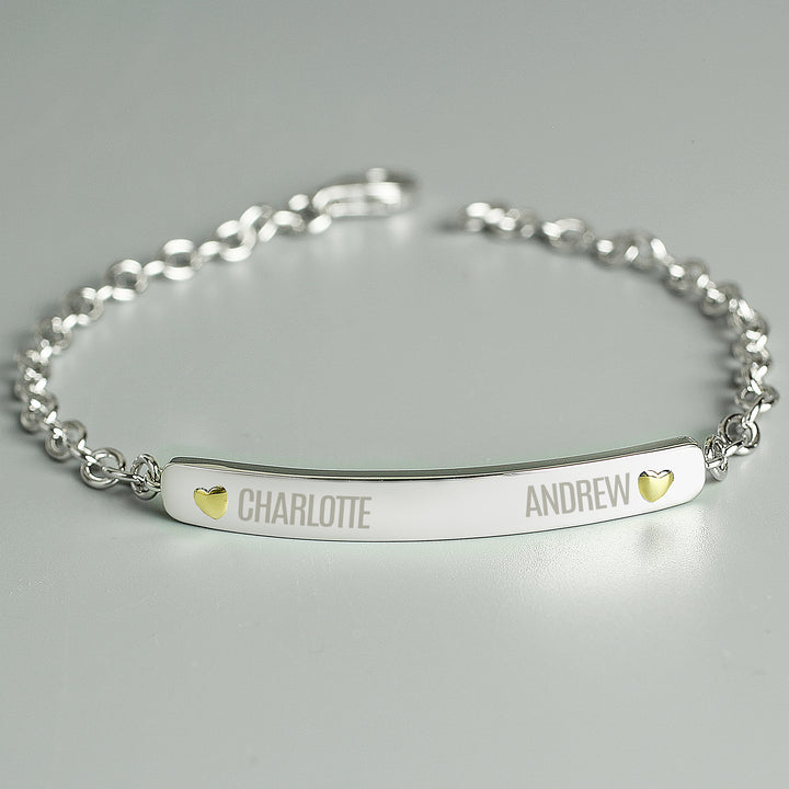 Buy Personalised Two Names Sterling Silver and 9ct Gold Bar Bracelet at www.giftsfinder.co.uk