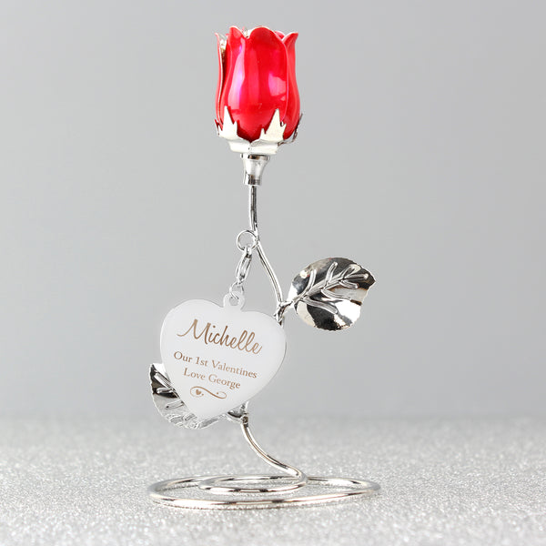 Buy Personalised Swirls & Hearts Red Rose Bud Ornament at www.giftsfinder.co.uk