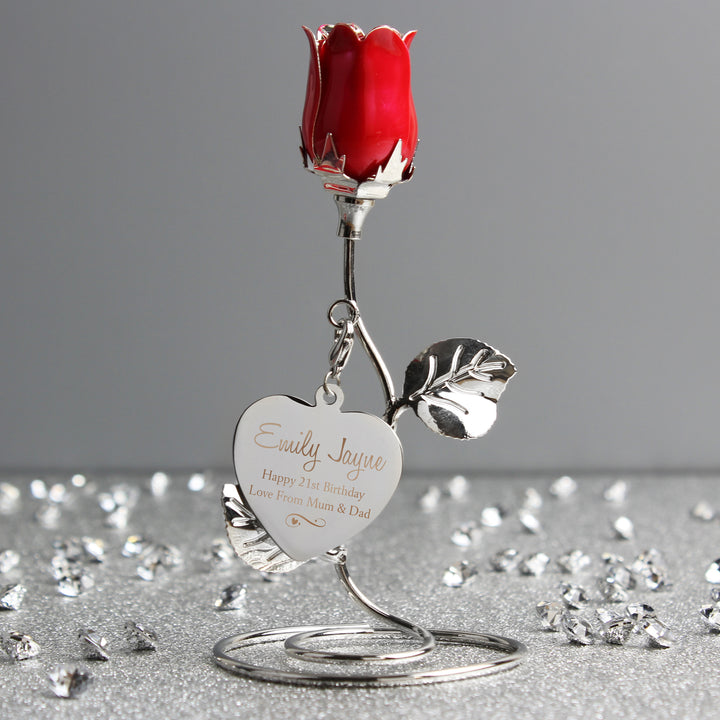 Buy Personalised Swirls & Hearts Red Rose Bud Ornament at www.giftsfinder.co.uk