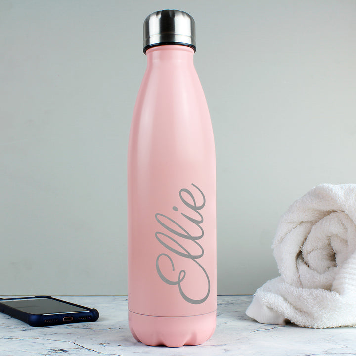 Buy Personalised Pink Metal Insulated Drinks Bottle at www.giftsfinder.co.uk