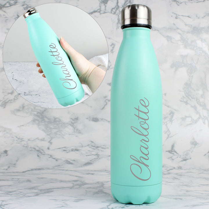 Buy Personalised Mint Green Metal Insulated Drinks Bottle at www.giftsfinder.co.uk