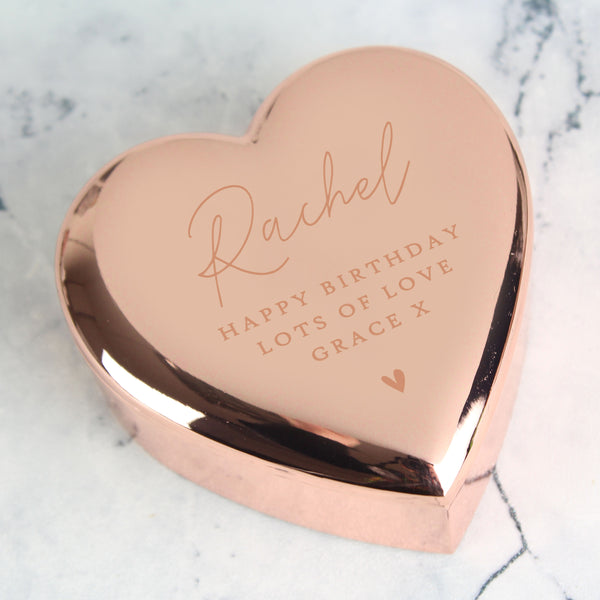 Buy Personalised Free Text Rose Gold Heart Trinket Box at www.giftsfinder.co.uk