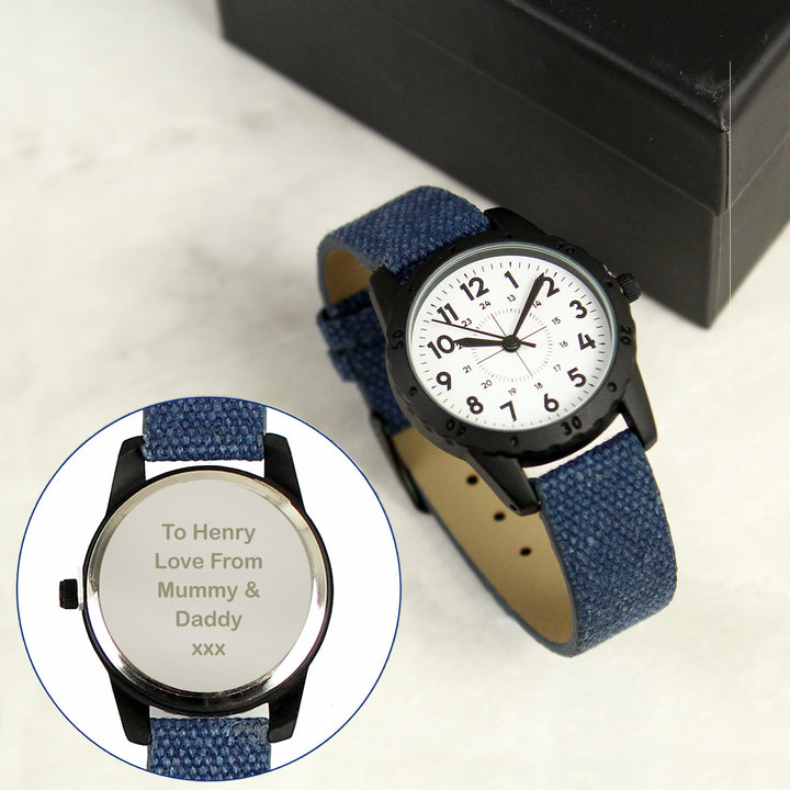 Buy Personalised Black with Blue Canvas Strap Boys Watch available now at www.giftsfinder.co.uk