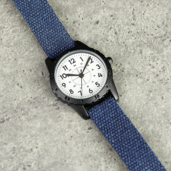 Buy Personalised Black with Blue Canvas Strap Boys Watch available now at www.giftsfinder.co.uk