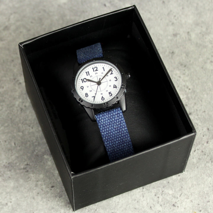 Buy Personalised Black with Blue Canvas Strap Boys Watch available now at www.giftsfinder.co.uk