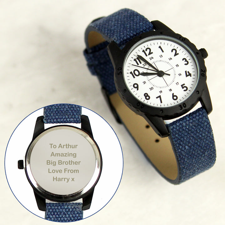 Buy Personalised Black with Blue Canvas Strap Boys Watch available now at www.giftsfinder.co.uk