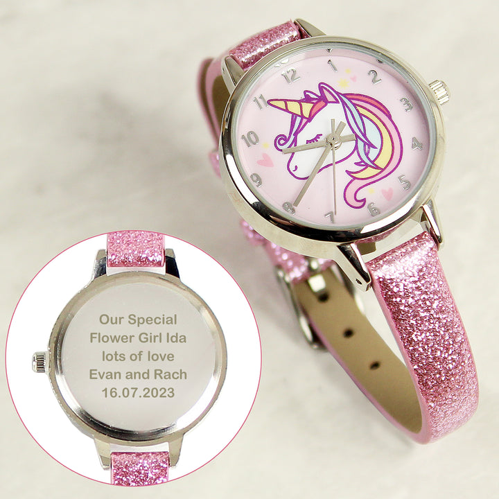 Personalised Unicorn with Pink Glitter Strap Girls Watch in gift category Personalised Watches