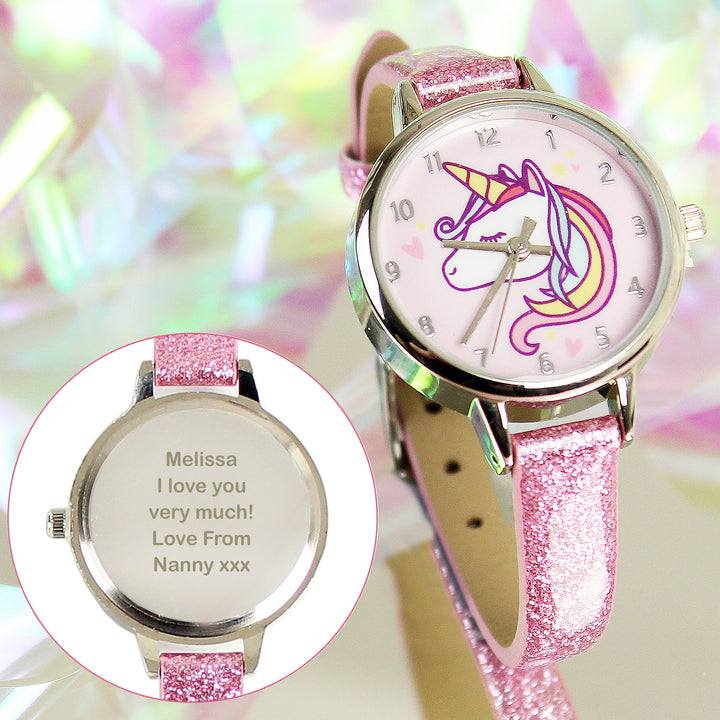 Personalised Unicorn with Pink Glitter Strap Girls Watch in gift category Personalised Watches