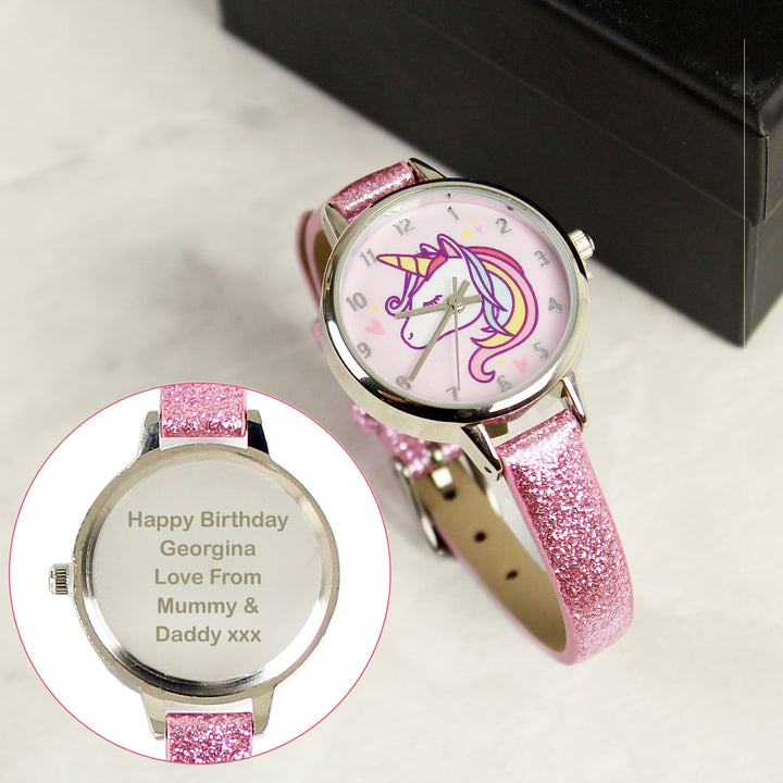 Personalised Unicorn with Pink Glitter Strap Girls Watch in gift category Personalised Watches