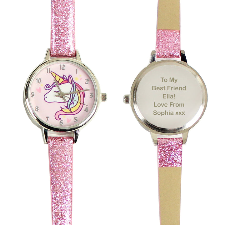 Personalised Unicorn with Pink Glitter Strap Girls Watch in gift category Personalised Watches