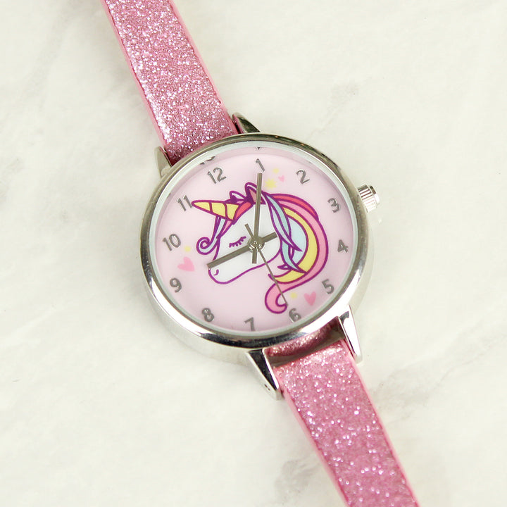 Personalised Unicorn with Pink Glitter Strap Girls Watch in gift category Personalised Watches