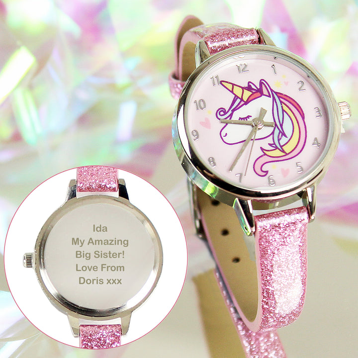 Personalised Unicorn with Pink Glitter Strap Girls Watch in gift category Personalised Watches