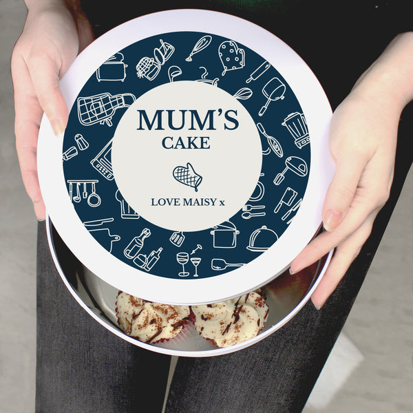 Buy Personalised Navy Kitchen Design Cake Tin at www.giftsfinder.co.uk