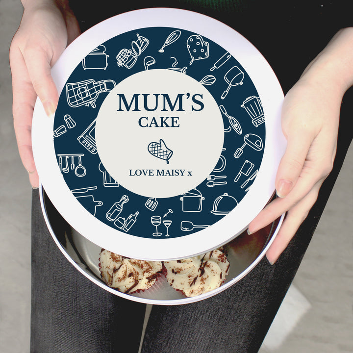 Buy Personalised Navy Kitchen Design Cake Tin at www.giftsfinder.co.uk