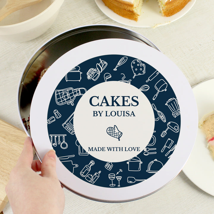 Buy Personalised Navy Kitchen Design Cake Tin at www.giftsfinder.co.uk