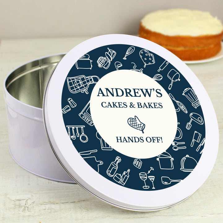 Buy Personalised Navy Kitchen Design Cake Tin at www.giftsfinder.co.uk