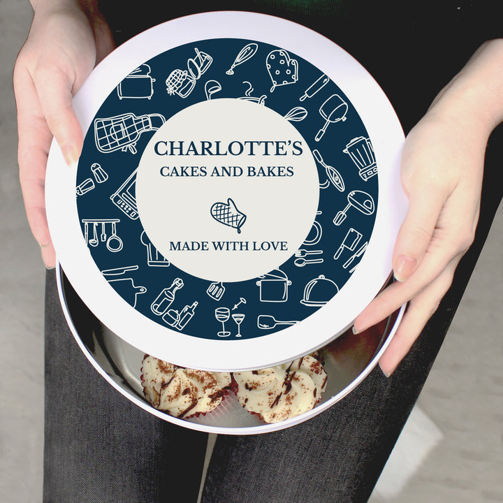 Buy Personalised Navy Kitchen Design Cake Tin at www.giftsfinder.co.uk