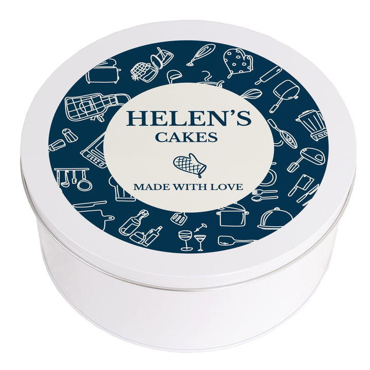 Buy Personalised Navy Kitchen Design Cake Tin at www.giftsfinder.co.uk