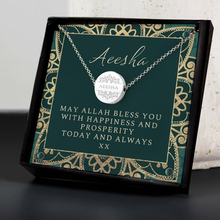 Personalised Sentiment Eid and Ramadan Disc Necklace and Box in gift category Jewellery