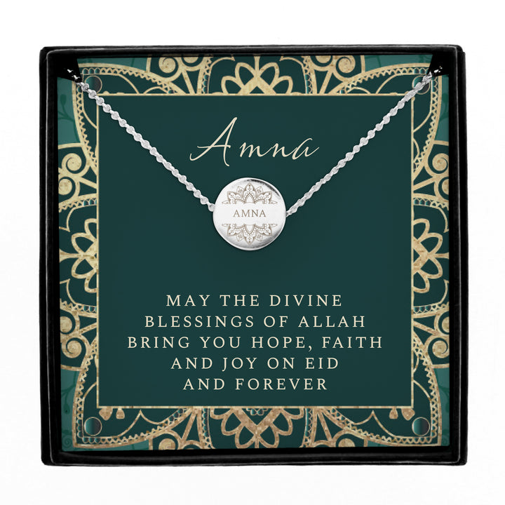 Personalised Sentiment Eid and Ramadan Disc Necklace and Box in gift category Jewellery