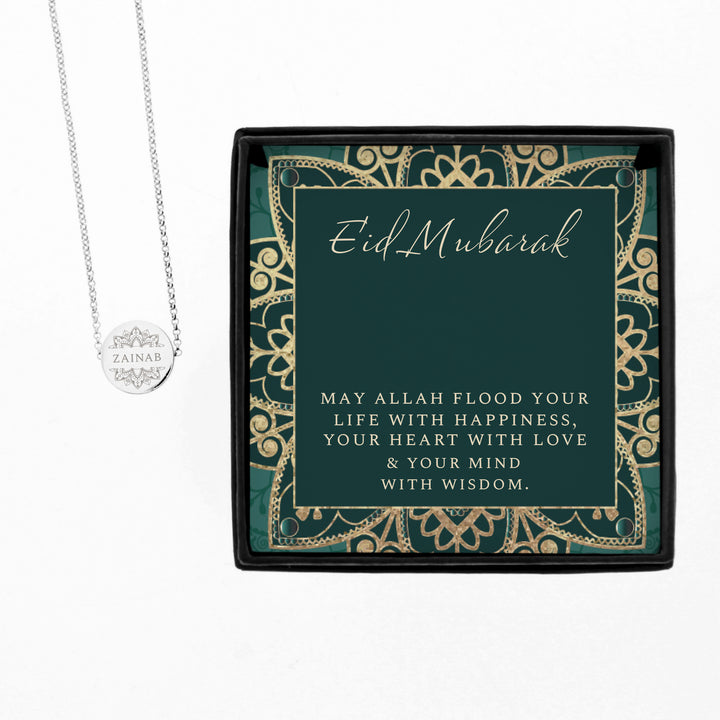 Personalised Sentiment Eid and Ramadan Disc Necklace and Box in gift category Jewellery