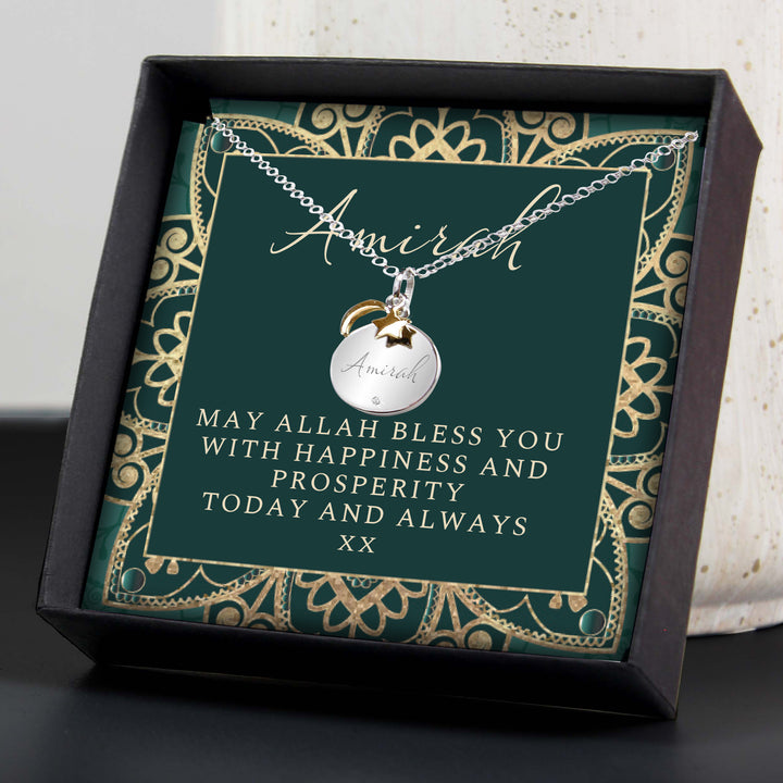 Personalised Sentiment Eid and Ramadan Disc Necklace and Box in gift category Jewellery