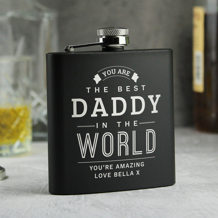 Buy Personalised Best in The World Black Hip Flask - Father's Day gift available now at www.giftsfinder.co.uk