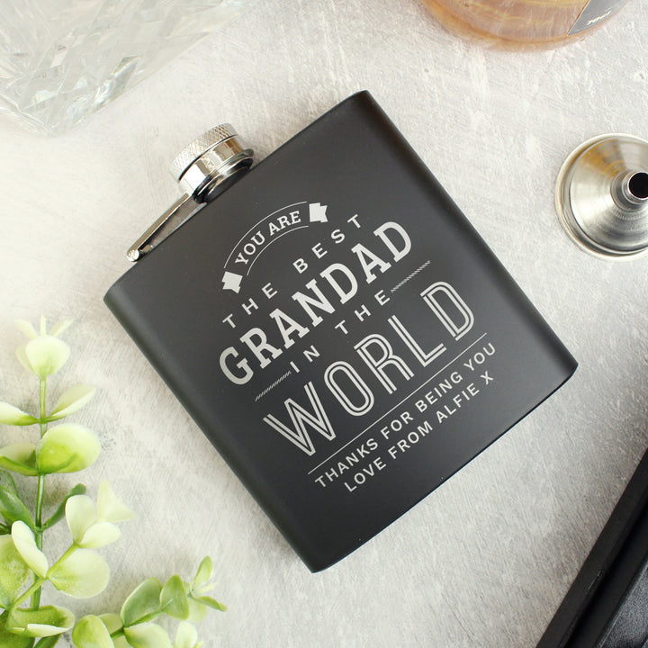 Buy Personalised Best in The World Black Hip Flask - Father's Day gift available now at www.giftsfinder.co.uk