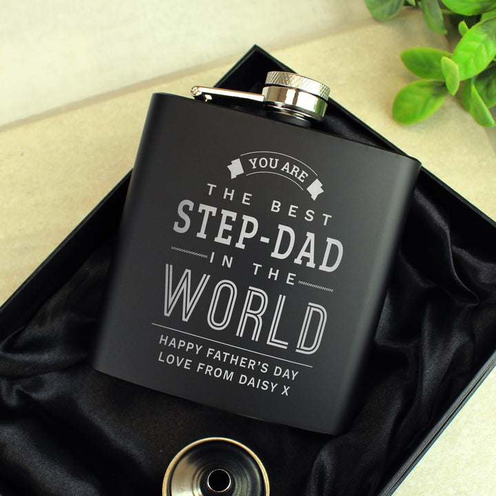 Buy Personalised Best in The World Black Hip Flask - Father's Day gift available now at www.giftsfinder.co.uk