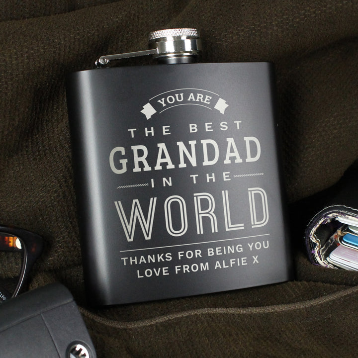 Buy Personalised Best in The World Black Hip Flask - Father's Day gift available now at www.giftsfinder.co.uk