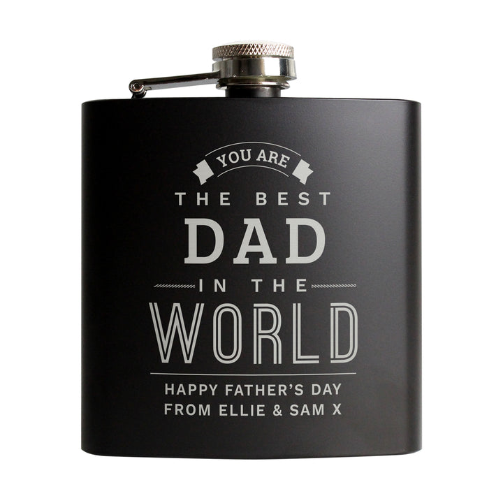 Buy Personalised Best in The World Black Hip Flask - Father's Day gift available now at www.giftsfinder.co.uk