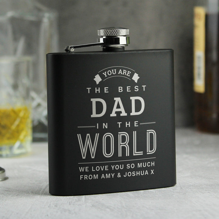 Buy Personalised Best in The World Black Hip Flask - Father's Day gift available now at www.giftsfinder.co.uk