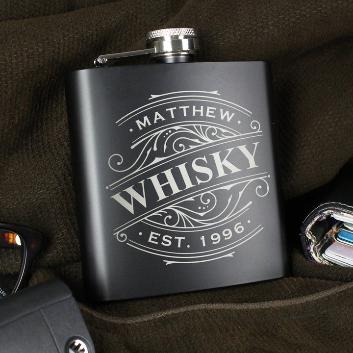 Personalised Spirit Black Hip Flask - Father's Day Gift - part of the Gifts Finder Personalised Hip Flasks collection