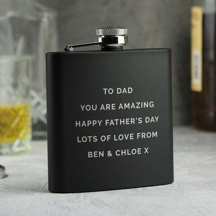 Buy Personalised Free Text Black Hip Flask - Father's Day gift available now at www.giftsfinder.co.uk