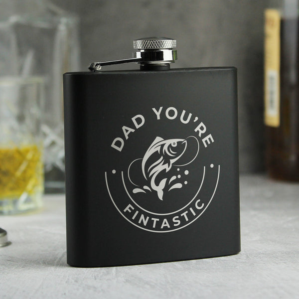 Buy Personalised Fishing Black Hip Flask - Father's Day gift available now at www.giftsfinder.co.uk