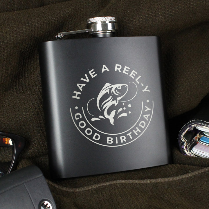 Personalised Fishing Black Hip Flask - part of the Gifts Finder Personalised Hip Flasks collection