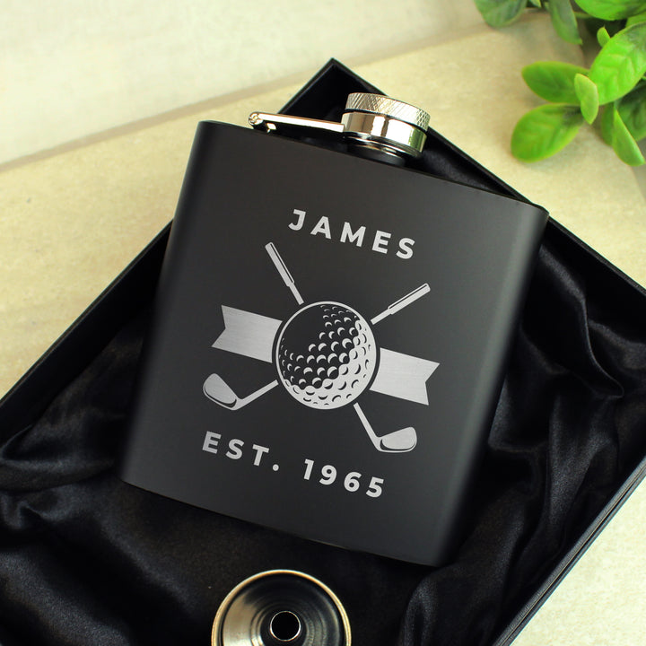 Personalised Golf Black Hip Flask - part of the Gifts Finder Personalised Hip Flasks collection