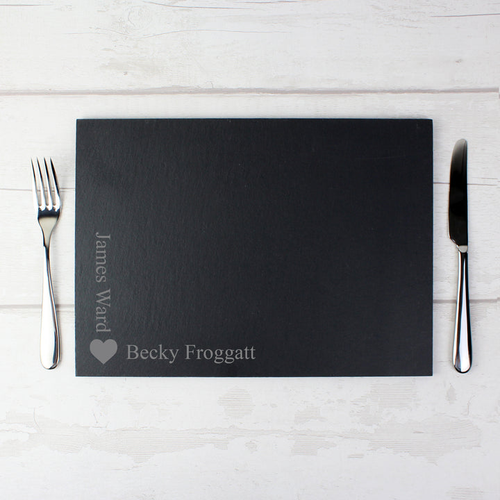 Buy Personalised Heart Motif Slate Placemat available now at www.giftsfinder.co.uk