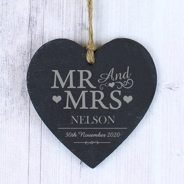 Buy Personalised Mr & Mrs Slate Heart Decoration at www.giftsfinder.co.uk