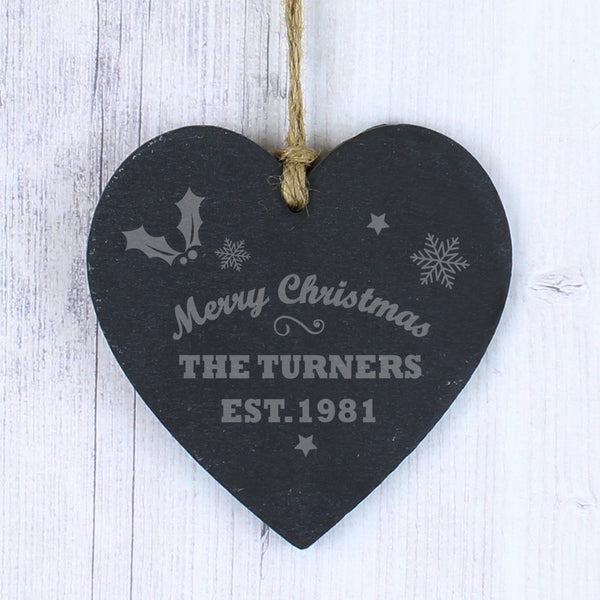 Buy Personalised Merry Christmas Slate Heart Decoration available now at www.giftsfinder.co.uk